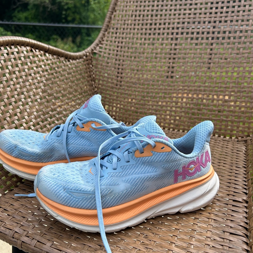 Hoka Sky Blue and Peach Athletic Shoes
